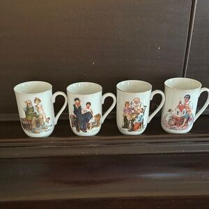 Vintage Porcelain 4 Mug Set with Classic Illustrations by Norman Rockwell Museum